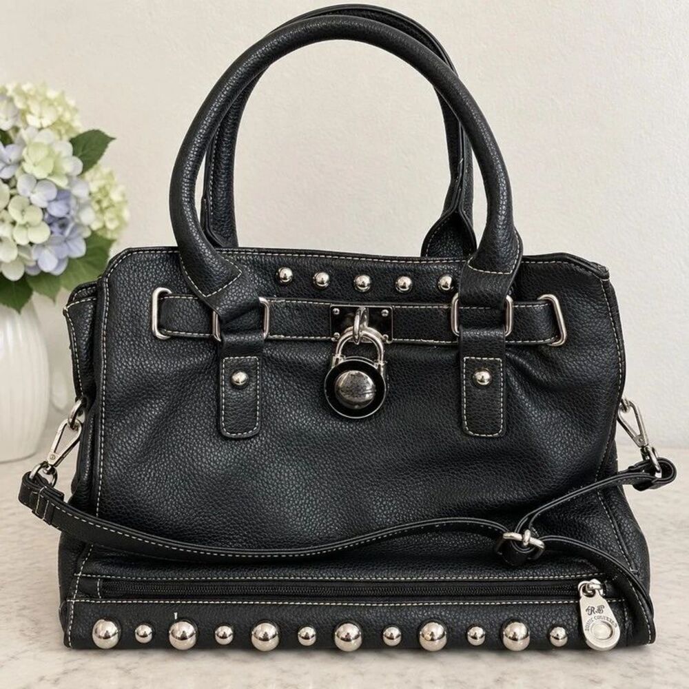 Rustic Couture Black Studded Satchel Handbag Lock Charm Y2K Western